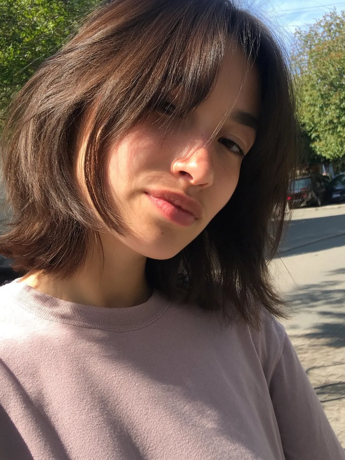 Chin-Length Wavy Chocolate Brown Bob with Curtain Bangs